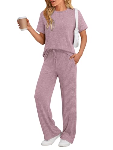 Image of LILLUSORY Womens Lounge Sets 2 Piece Matching Travel Outfits | Lightweight Ribbed 2 Piece Set, Breathable, Stretchy, Wrinkle-Resistant, Travel Ready, Versatile