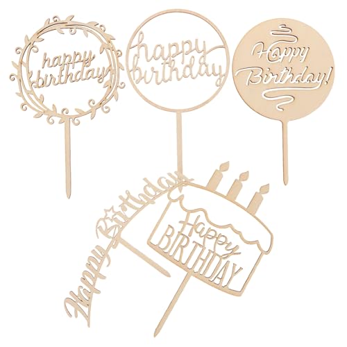 MOTHNUR Adornos de Madera para Tartas de Cumpleaños 5 Piezas, Tarjetas Decorativas Happy Birthday Reutilizables, Decoración para Cupcakes y Fiestas Infantiles, Juego Versátil