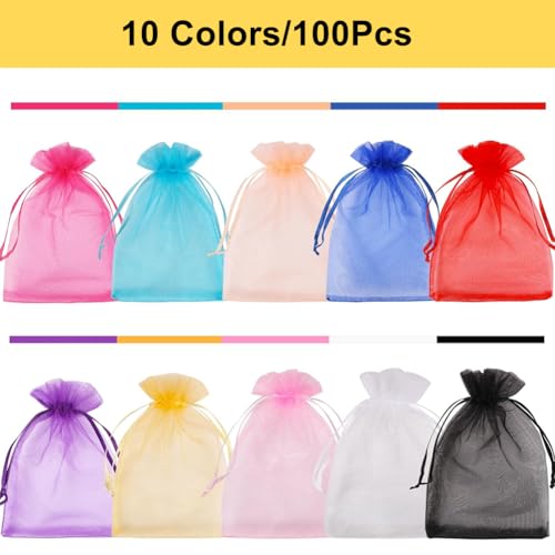 Image of HRX Package 100pcs Small Organza Bags 3x4 inch, Assorted Color Mesh Jewelry Pouches Drawstring Empty Sachets for Bracelets Candy Small Gift