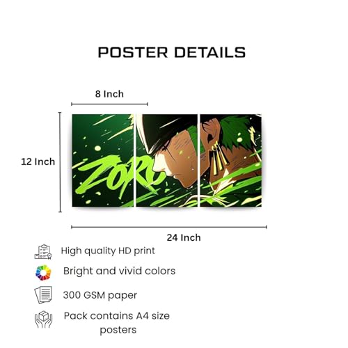 Image of One Piece Anime Manga Poster, One Piece Character Design Wall Poster 3 Panal - A4 Size, 300 GSM, Wall Decor Posters Wall Art For Bedroom, Living room, Office, Dining Room,No Frame (Zoro-4)