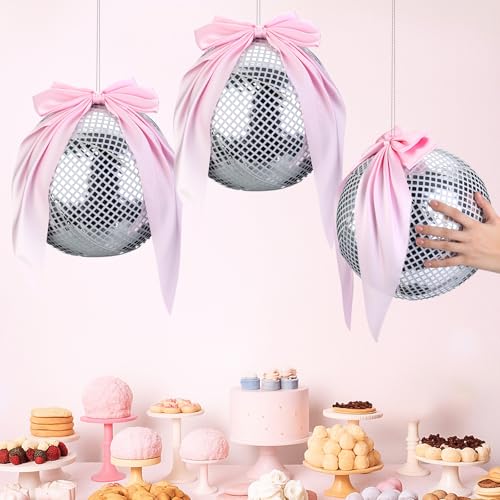 Zomiboo 3 Set Pink Disco Party Decorations Disco Ball Hanging Ornaments Include 3 Inflatable Ball Cover and Inner 3 Pink Bow Foldable Mirror Decor for Wedding Birthday Baby Shower Bachelorette