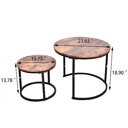 HAHRIR Modern Nesting Coffee Tables Set of 2 Round Wood End Tables with Metal Frame for Living Room and Small Space Coffee Nesting