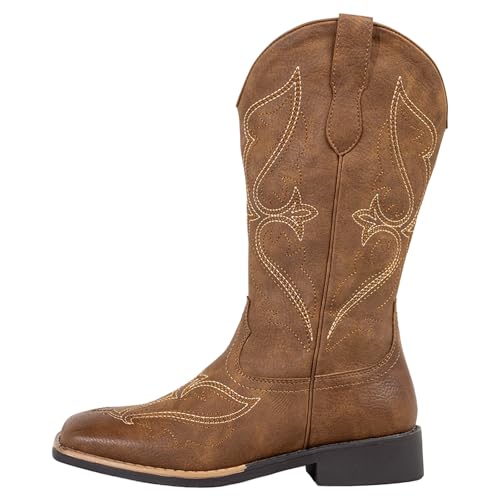 Image of SheSole Women's Square Toe Mid-Calf Western Cowgirl Boots with Cutout & Stitched Embroidery, Chunky Block Heel Fashion Cowboy Boots for Concert Daily