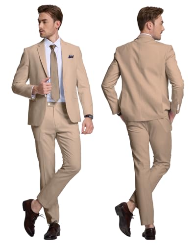 Bofan Seersucker Suits for Men 2 Piece Suit Men Slim Fit Khaki Stripe Blazer Jackets Pants Set Formal Wedding Travel Holiday Outfit Size XL