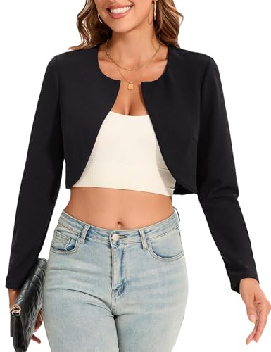 Hobrounn Bolero Jacke Damen Festlich Kurzblazer Damen Elegant Offene Front Lange Ärmel Bolero für Abendkleider (Schwarz, L)