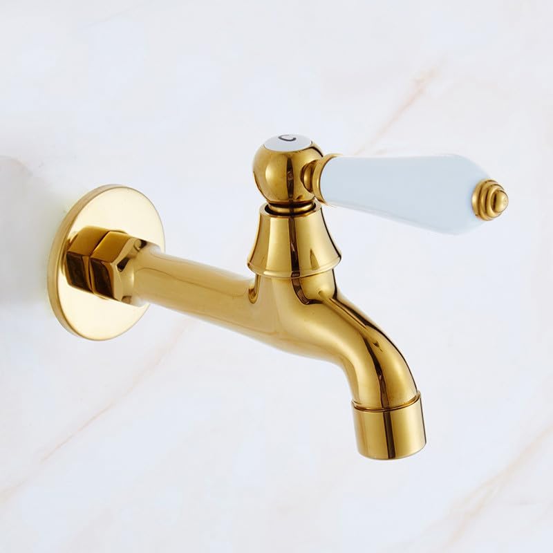 Gold Short Brass Bibcock: Wall-Mounted Cold Water Spout, Polished Utility Fit for Washer, Mop Sink, Garden & Outdoor(Gold long B)