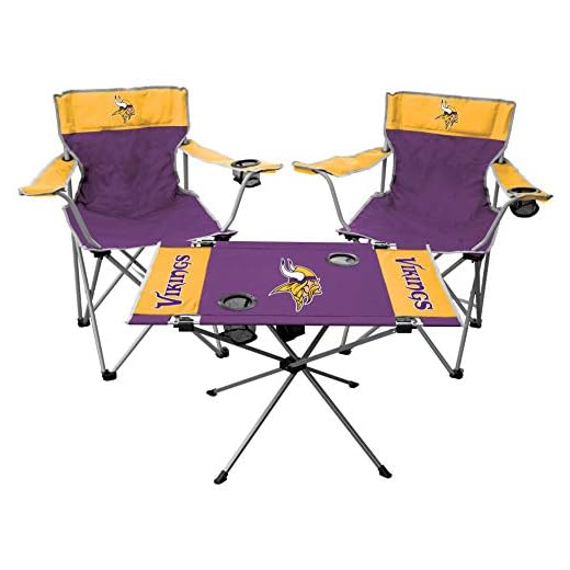 Rawlings NFL 3-Piece Tailgate Kit, 2 Gameday Elite Chairs and 1 Endzone Tailgate Table, Polyester, Minnesota Vikings