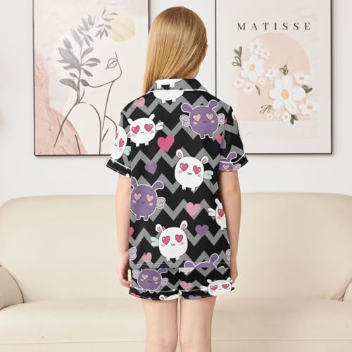 Satin Pajama Sets Short Sleeve Cute Rabbits with Hearts Button Down Silky Nightwear 2 Piece PJS 5-14Y4