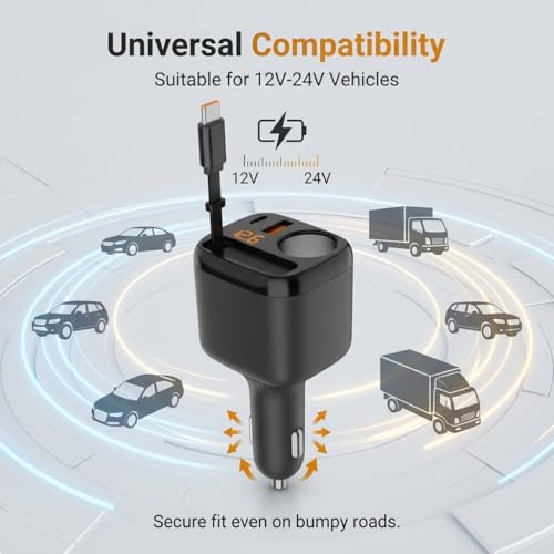 Cargador de coche de 78W multipuerto triple con cable USB C retráctil integrado 7