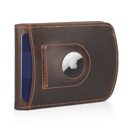 Polare Slim Curve Front Pocket RFID Blocking Italian Real Leather Bifold Wallet for Men (Dark Brown with AirTag Holder)
