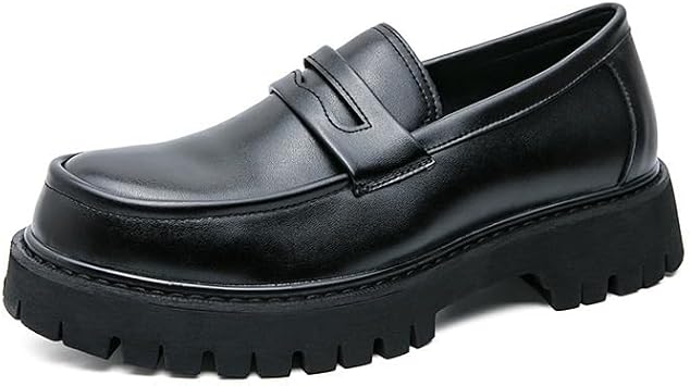 DMGYCK Men's Black Leather Platform Chunky Slip-On Penny Loafers Classic Round Toe Lug Sole Fashion Business Casual Formal Work Shoes Black, 10.6 inches 27.0 cm