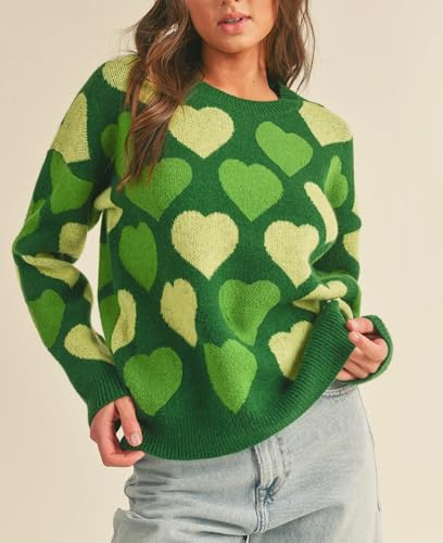 Image of Women Heart Print Knit Pullover Sweater Long Sleeve Round Neck Love Pattern Sweaters Trendy Valentine Knitted Sweater