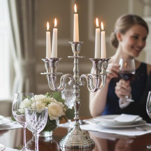 Image of Decorative Aluminum Vintage 5-Arm German Silver Candelabra Candle Holder - Elegant Metal Table Centerpiece for Home, Wedding, Party & Dining Room Decor