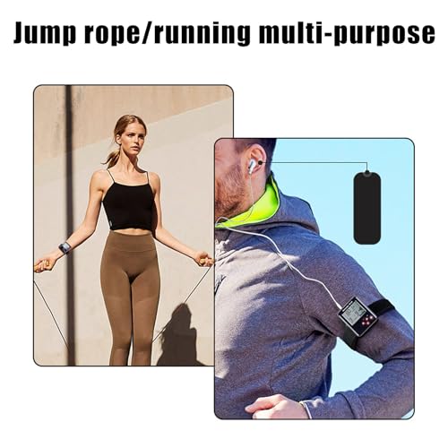 Clip-on electronic metronome shown being used for running and jump-rope rhythm practice.