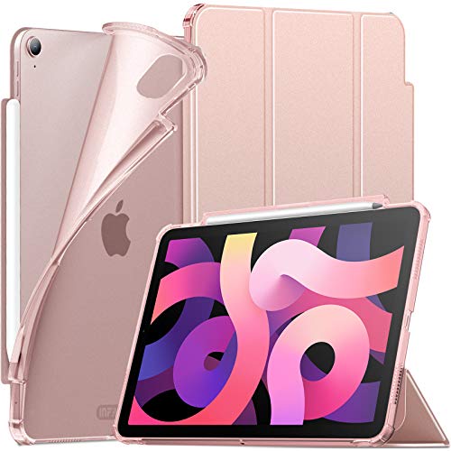 INFILAND Case Fit iPad Air 4e Generatie 2020 Nieuwe iPad 10.9, [TPU Shockproof Stand] [Auto Sleep/Wake Cover] [Matte Tdoorschijnende Soft Case] [Potlood Houder] [Meerdere Bekijingsmodi], Rosa Gold