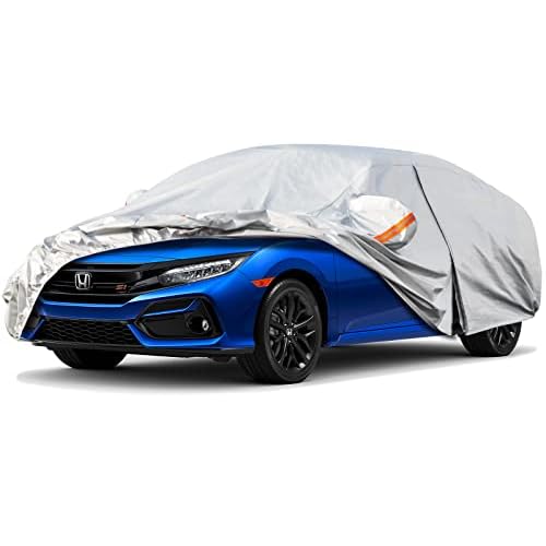 Kayme 6 Layers Car Cover Custom Fit for Honda Civic Sedan/Coupe (1991-2025) Outdoor Waterproof All Weather for Automobiles, Full Cover Rain Sun UV Protection with Zipper Cotton LM-Silver 34.