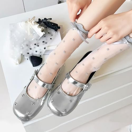 12 Pairs Sheer Socks Women - Lace Trouser Mesh Socks, Summer Ultrathin Crystal Glass Stocking, Sheer Ankle Transparent Fishnet Vintage High Mid Calf Sock for Girls Women White Black Grey4