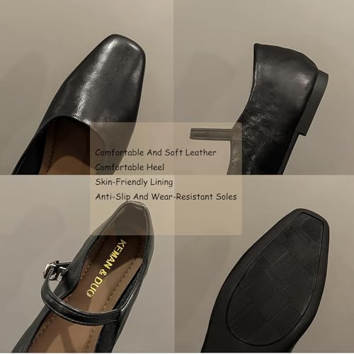 Women's Leather Mary Jane Flats with Lace Buckle,Comfortable Square Toe Slip-on Ballet Flats Retro Dress Walking Shoes.4