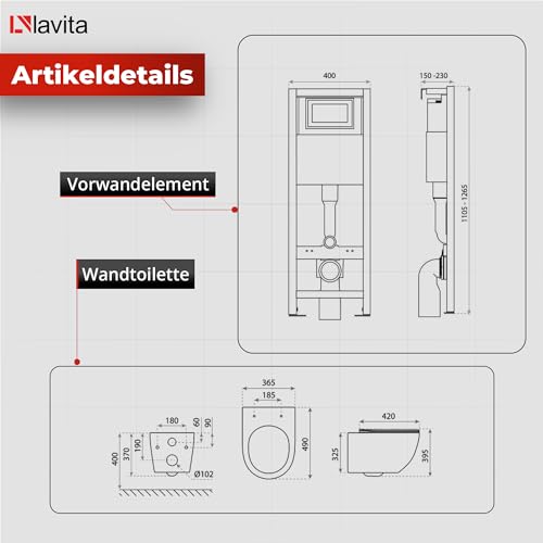 Lavita LAV 101 Vorwandelement für WC 40cm + Wand Hänge Tiefspül WC SINTO Grau Spülrandlos + Bedienplatte LAV 200.3.1 Weiß | Komplettset | Unterputz Spülkasten | Toilette Komplett Sett – Bild 3