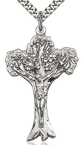 Bliss Men's Sterling Silver Tree of Life Crucifix Pendant + 24 Inch Endless Rhodium Plated Chain| USA Made
