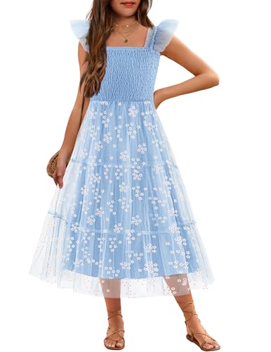 Arshiner Tween Girls Dress Ruffle Sleeve Elastic Straps Smocked A-Line Tulle Summer Long Patry Birthday Sundress