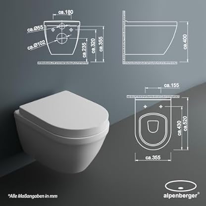 Alpenberger Spülrandlose Toilette | Keramik WC mit Nano Beschichtung | WC Sitz mit Absenkautomatik | Hänge WC für Badezimmer | Moderne Gäste WC Toiletten | Tiefspüler Passend Geberit – Bild 7