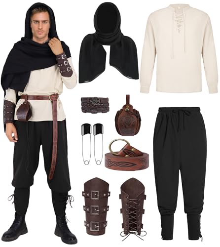 UWXOZO Mittelalter Hemd Viking Kostüm Herren Mittelalter Kleidung Renaissance Costume Männer Viktorian Piraten Steampunk Set 9 in 1 Wikinger Hemd Hose Gürtel Schal Halloween Fasching Kostüm UX005M