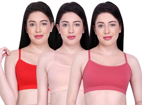 Image of INKURV Slip on Beginner's Bra for Girls, Non Padded, Non Wired, No Hooks with Double Layered Fabric, Adjustable Straps, Wirefree Sports Bra- Lisa Combo of 3