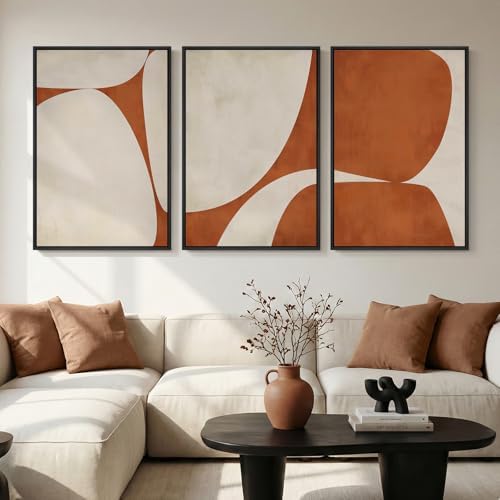 Large Framed Beige Orange Abstract Wall Art for Living Room, 3 Piece 24x36