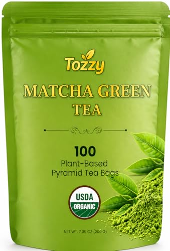 Tozzy Organic Matcha Green Tea – 100 Count, Plant-Based Pyramid Tea Bags – Packaging May Vary