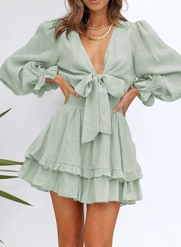 Image of Dokotoo Womens Casual Spring Fall 2025 Deep V Neck Knotted Tiered Chiffon Elegant Mini Short Swing Skater Dresses
