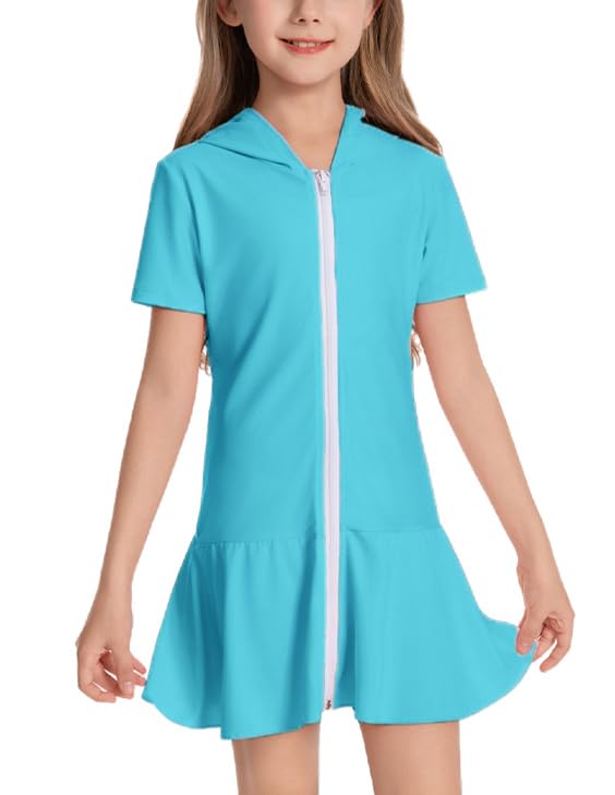 Image of Girls Sun Protective Swim Cover Up Hooded with Full-Length Zipper Short Sleeve UPF 50+ Beach Dress Coverup
