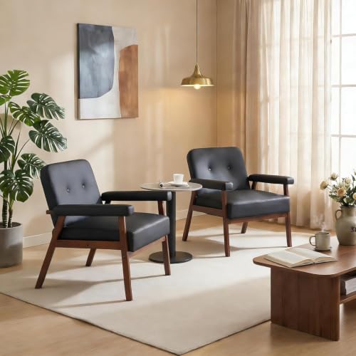 Image of STHOUYN Upholstered Accent Chair, Black Leather Chair with Wooden Legs