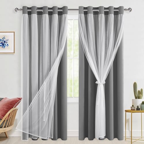 Hiasan Blackout Curtains with Sheer Overlay, Grey, 60W X 84L, 2pcs