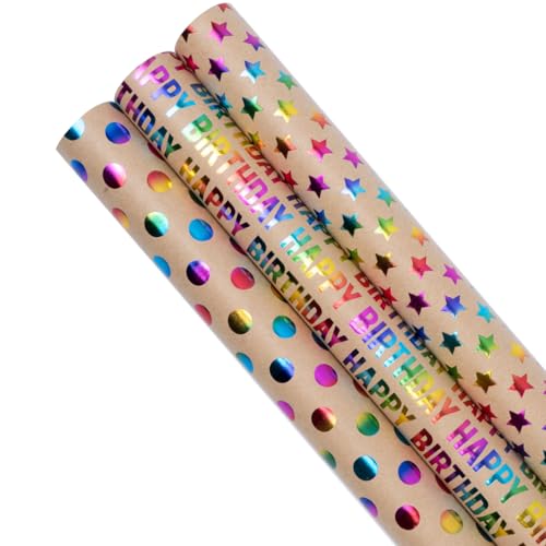 3 Rolls Birthday Gift Wrapping Paper 43cm*3m Recyclable Kraft paper Print with Dots Star Suitable for Birthday Party Wedding Festival Gift Decorations