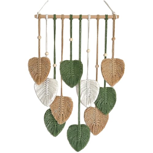 Image of TUDRUKU 15.7x36 Inch Macrame Wall Hanging Nursery Decor Leaves Woven Tapestry Feather Handmade Yarn Tassels Boho Wall Decor for Bedroom Living Room Apartment Home Backdrop (Green)