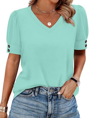Image of OFEEFAN Womens Tops Short Sleeve Shirts Buttons V Neck Spring Fashion Summer Outfits Plus Size Blouses Dressy Casual