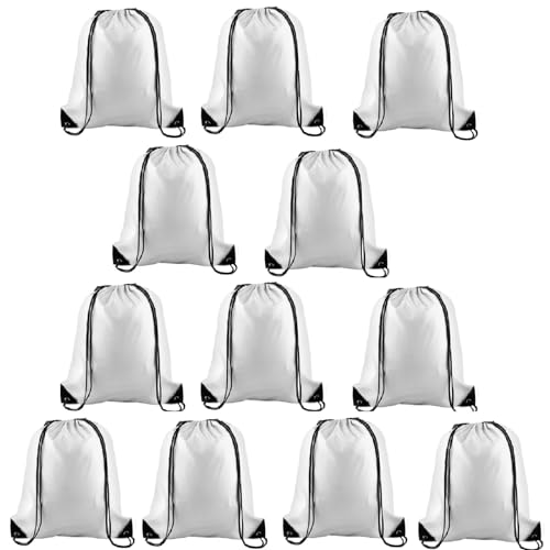 Image of KUUQA 12 Pcs Drawstring Backpack Bags Bulk White Drawstring Bag Foldable Gym Bag Sports Cinch Sack String Backpack Storage Bags for Women Men Shopping Gym Travel Sports