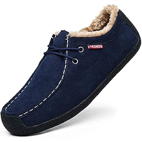 Asifn Men's Winter Warm Plush Boat Slippers Loafers Male Suede Indoor Outdoor Slip On Shoes Moccasins Memory Foam(Blue,11/11.5 UK,49 Brand Size Cover