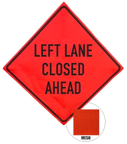 Image of OrangeGear 36 inchx36 inch Left Lane Closed Ahead Mesh Sign & Steel Spring Stand | MUTCD TTC compliant orange mesh roll-up sign kit with fiberglass cross ribs and single-spring steel stand.