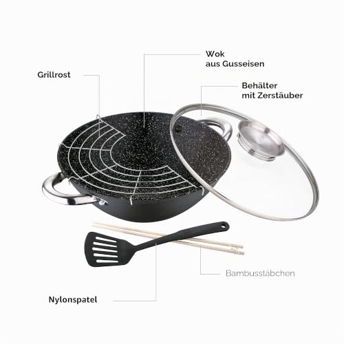 Foto von Renberg - Wasabi Wok Gusseiserne Wokpfanne 28cm| Mit Marmorbeschichtung| Mit Glasdeckel| Mit Nylonspatel| Mit Bambus-Essstäbchen| Vielfältige Funktionen| Für Alle Herdarten| 3.6 Liter