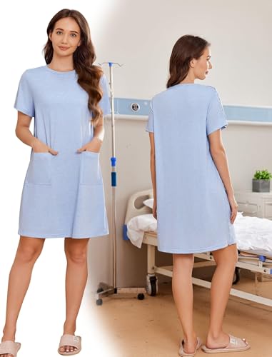 Image of Deyeek Women's Post Shoulder Surgery Hospital Gowns Tear Away Short Sleeve Full Open Side Snap Adaptive Clothing Nightgowns