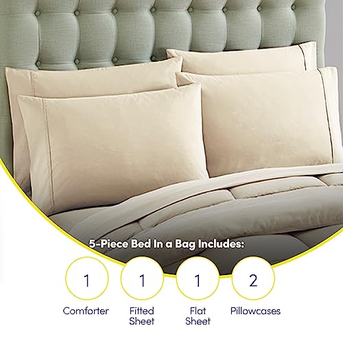 Sweet Home Collection 5 Piece Comforter Set Bag Solid Color All Season Soft Down Alternative Blanket & Luxurious Microfiber Bed Sheets, Beige, Twin