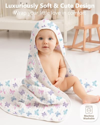 Image of Baby Bath Towels, 100% Muslin Cotton Hooded Baby Towels for Newborn, 2 Pack Baby Towels with Hood for Infant Toddler and Kids, Large 32x32Inch Bath Essentials, Soft and Absorbent