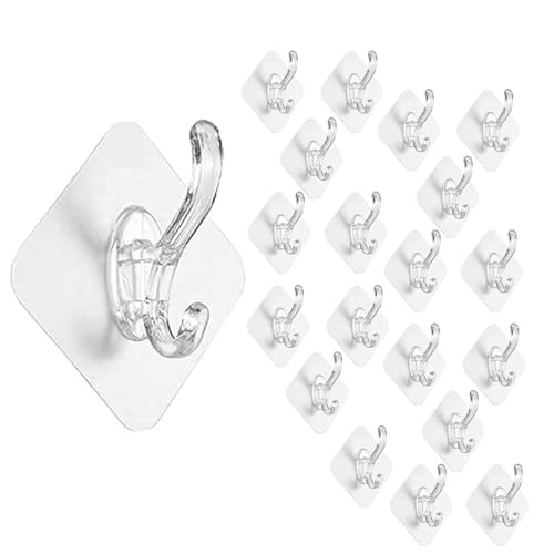 Image of BRAND VILLA Self Adhesive Wall Hooks Pack of 20 | Heavy Duty Transparent Waterproof No Drill Sticky Hooks for Bathroom Kitchen Home | Utility Hooks for Towels Keys Clothes Bags Robes