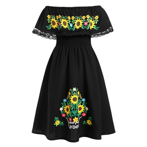 Mexican Dress for Toddler Girls Sunflower Embroidered Off Shoulder Traditional Mexico Dresses Cinco de Mayo Vestidos