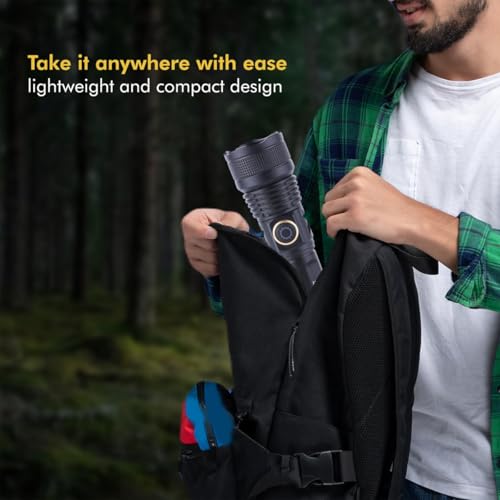 Image of Rechargeable Flashlight - 10000 Lumen High Power LED Torch, 1200M Long Beam, USB-C Charging, 10+ Hours Runtime, Adjustable Zoom Light for Camping, Hiking, Emergency, Outdoor Use (M931 Black)