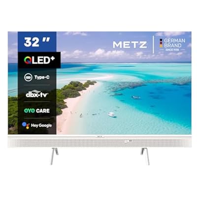 Metz 32 Pulgadas Smart TV QLED Portátil 32MQE7100Z Google Television HD HDR10 2x10W Potentes Altavoces Frontales DBX Dolby Audio USB-C Chromecast Trabajar con Google Assistant Blanco 80cm