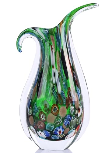 Blown Glass vase, Unique Murano Style Glass Art Deco vase for Living Room TV Stand, Table Setting, Office, Room and Desktop Decorations and Ornaments.
