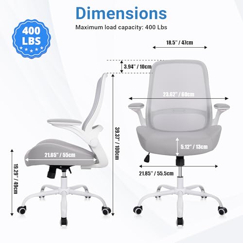 Image of HYLONE Office Chair Ergonomic Desk Chair with Flip up Armrests, 5 inch Thickened Seat Computer Chair with Mesh Back Home Office Computer Chairs for Long Hours Mesh Executive Chair(White Base & Grey)